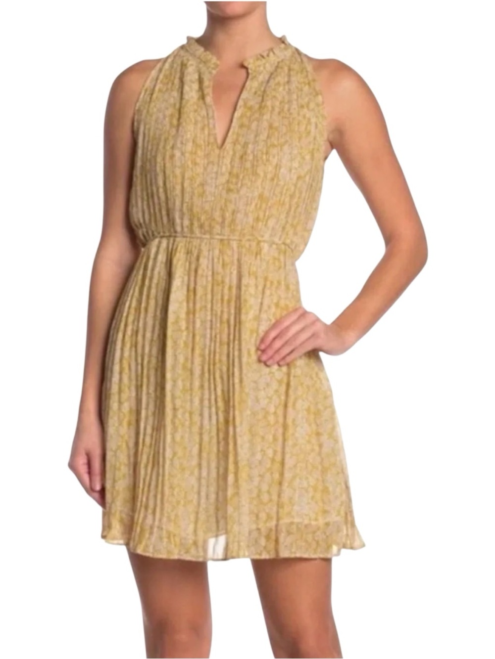 NEW Anthropologie See You Soon Yellow Pleated Dainty Floral Print A-Line Dress